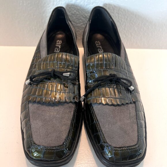 NWOT - Ara - Kiltie - Loafer Black & Green Gray Leather Alligator Print - Size 9 - Picture 1 of 12